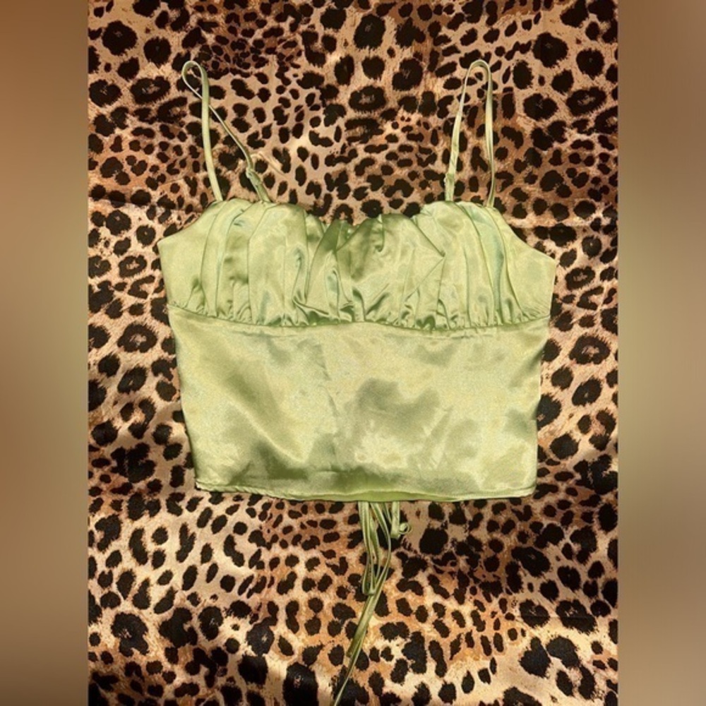 SHEIN Green Satin Lace Up Back Top